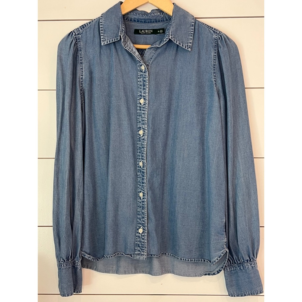 Lauren Ralph Lauren Denim Button Down Shirt Medium Wash Lyocell Puff Sleeve 14